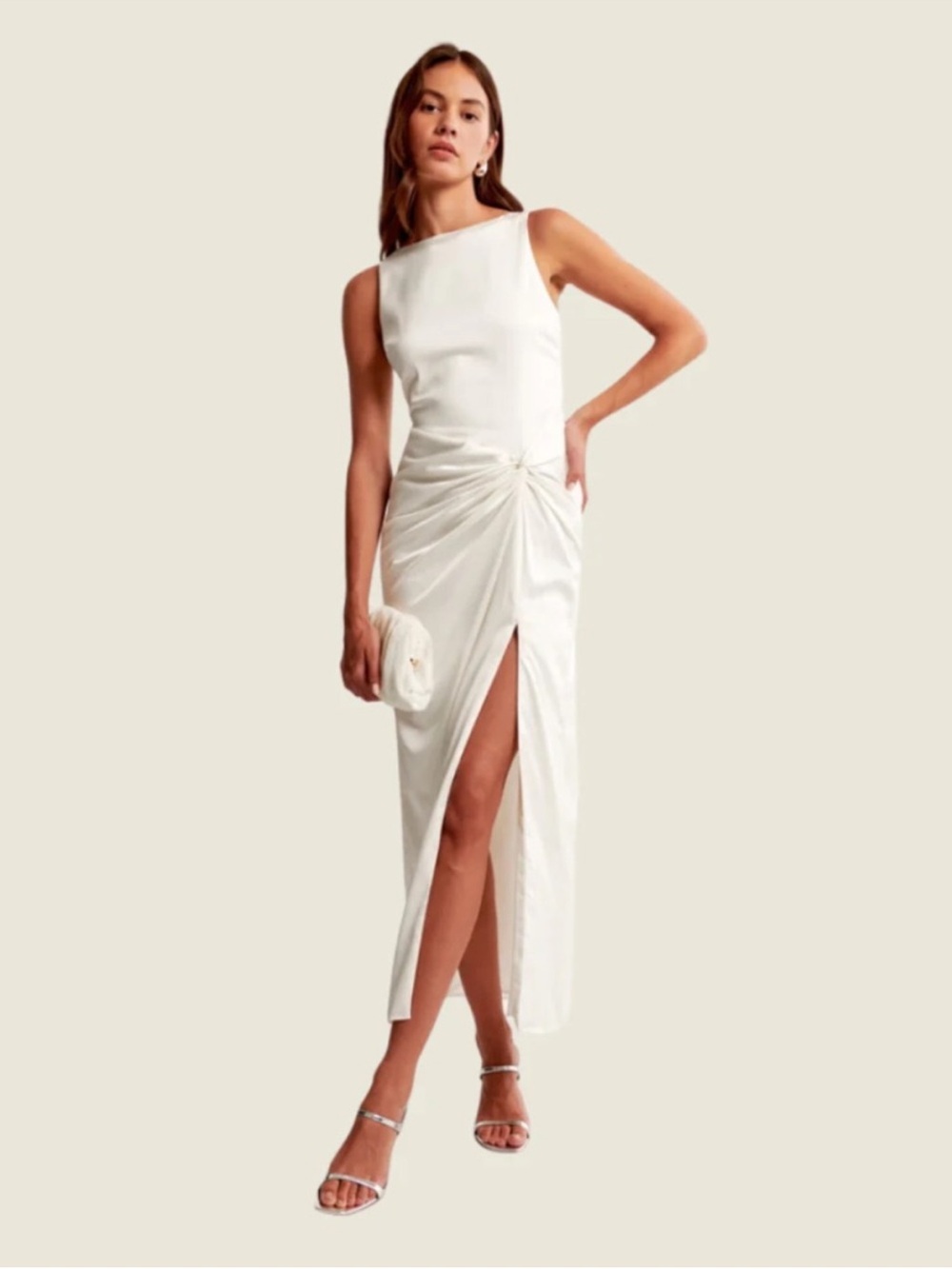 Abercrombie & Fitch White Twist-Front Maxi Dress with High Slit